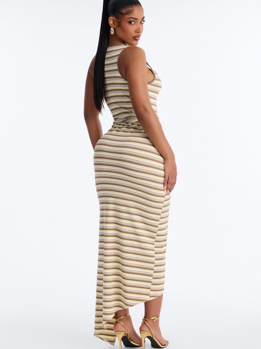 Fashion Nova Striped High-Low Midi Dress in Cream and Tan
